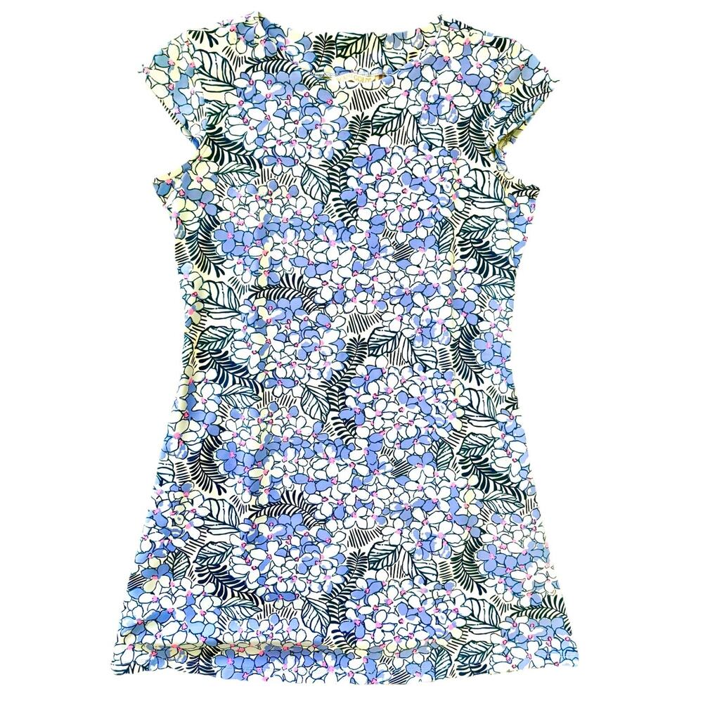 Mahi Gold Women's Pink Blue Floral Dress Cap Sleeve, Nylon Stretch, Size L EUC